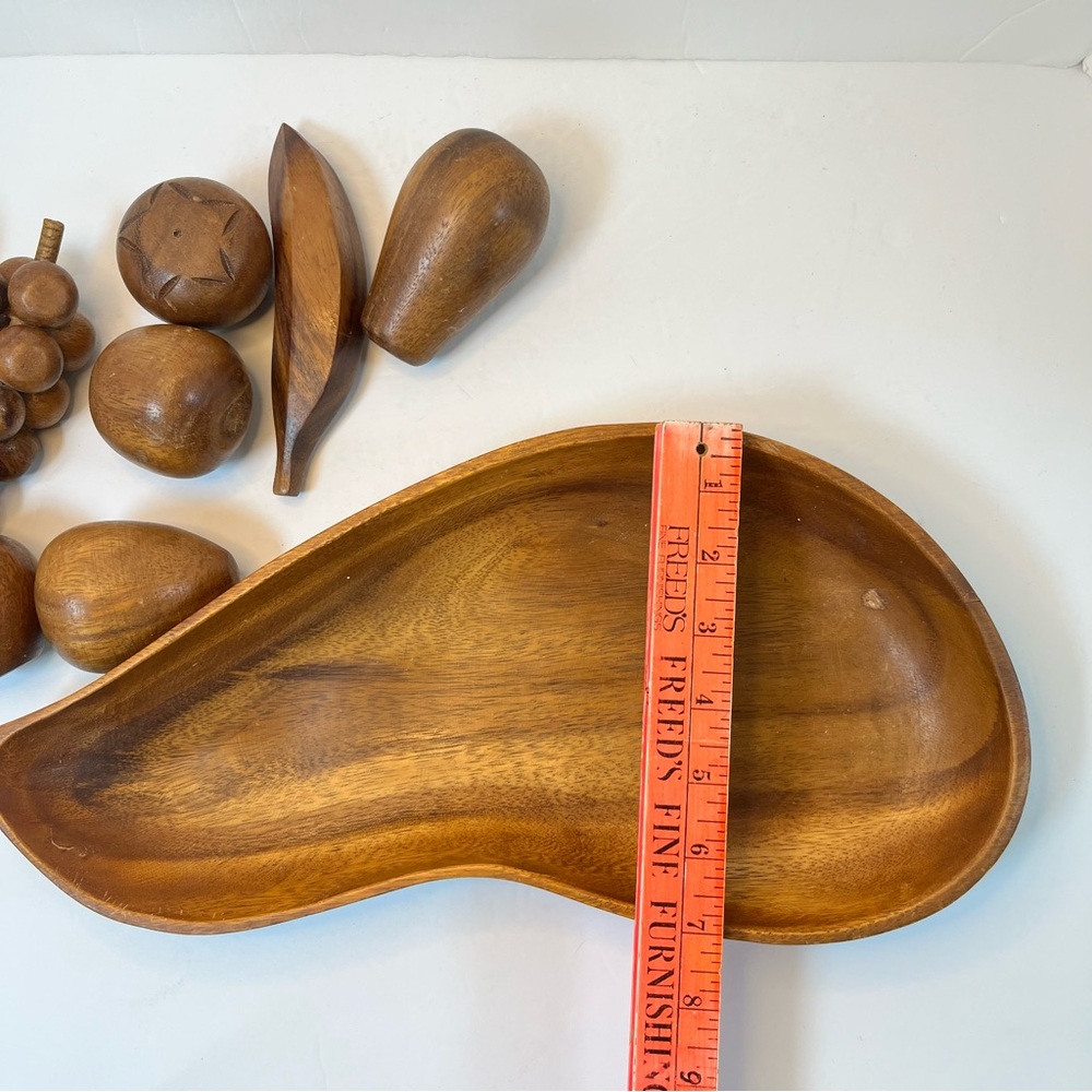 Vintage Mid Century MCM 11 pc Hand Carved Wooden Monkey Pod Leaf Bowl with Fruit - Picture 13 of 13